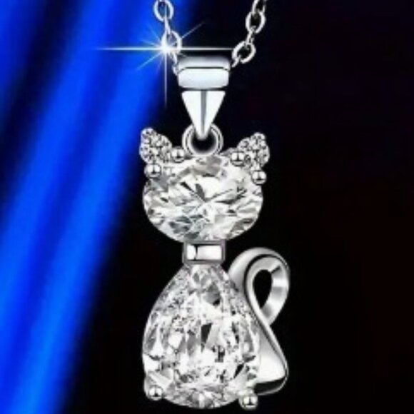 Cat Pendant Necklace with Clear Glass Gemstones Alloy with Rhinestone Accents - Picture 1 of 6